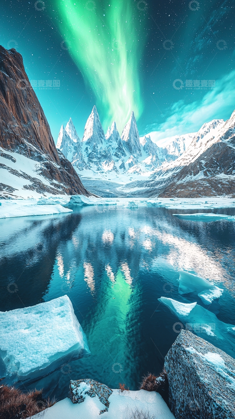 高清大图下载【趣麦麦图】极光下的雪山湖泊