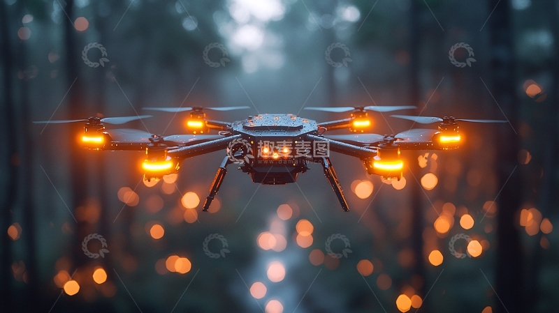 高清大图下载【趣麦麦图】森林中飞行的科幻无人机