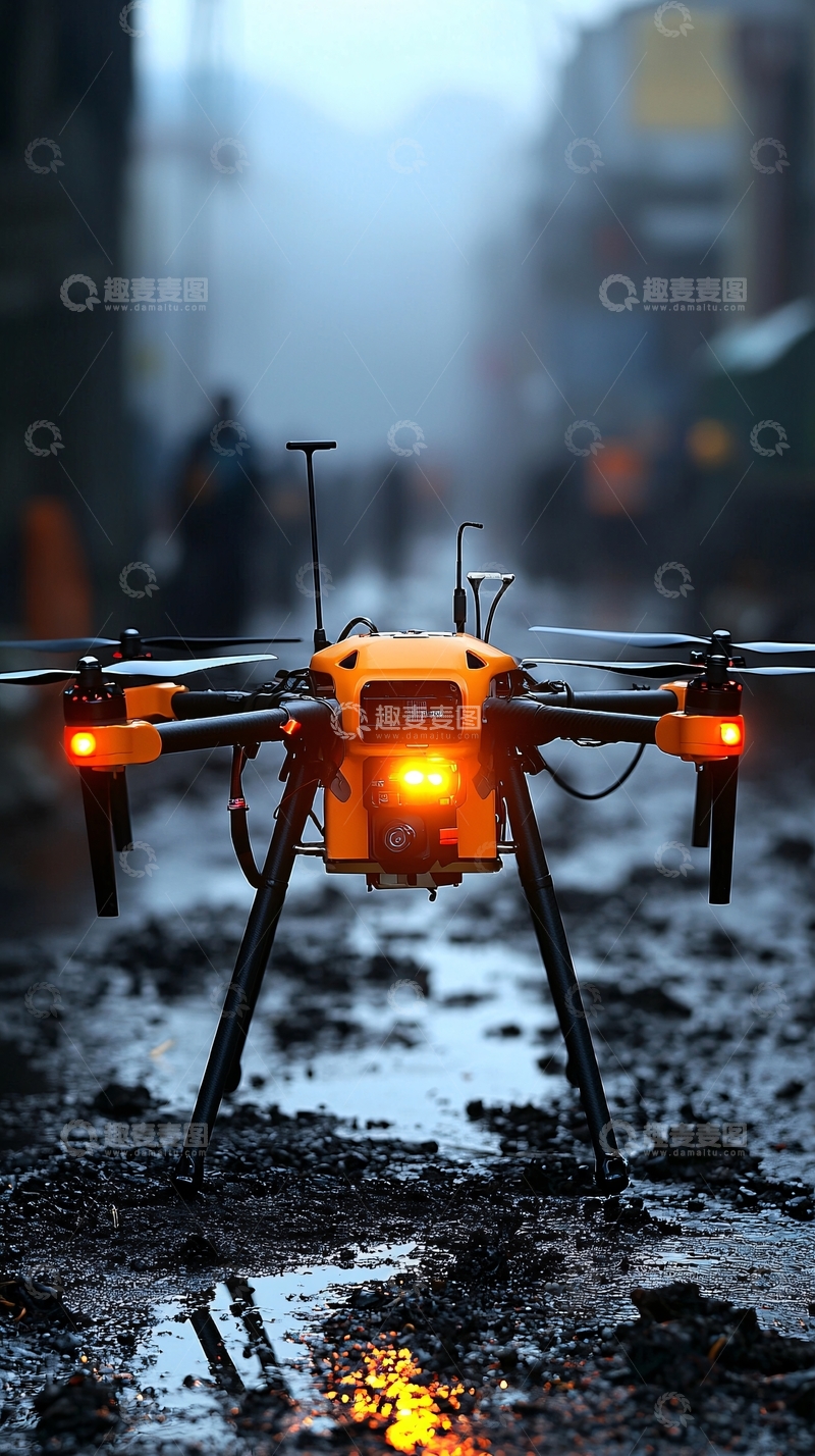 高清大图下载【趣麦麦图】泥泞道路上的橙色无人机