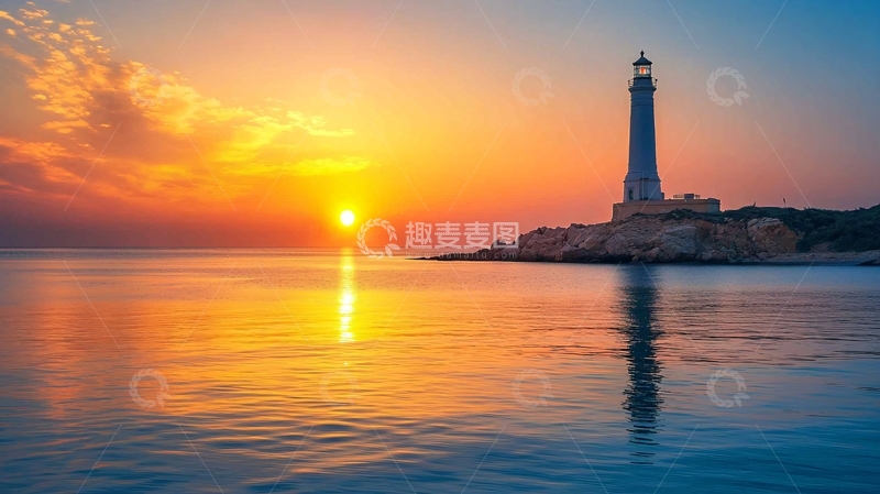 高清大图下载【趣麦麦图】日出海景灯塔