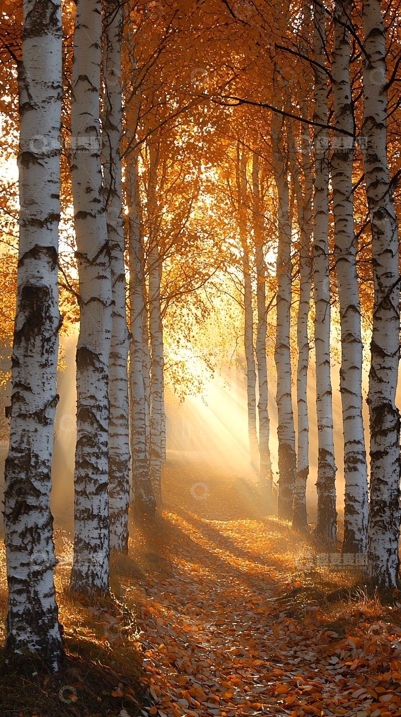 高清大图下载【趣麦麦图】金色秋日白桦林小路