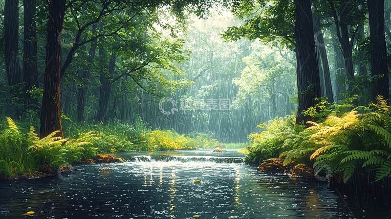 高清大图下载【趣麦麦图】雨中森林小溪场景