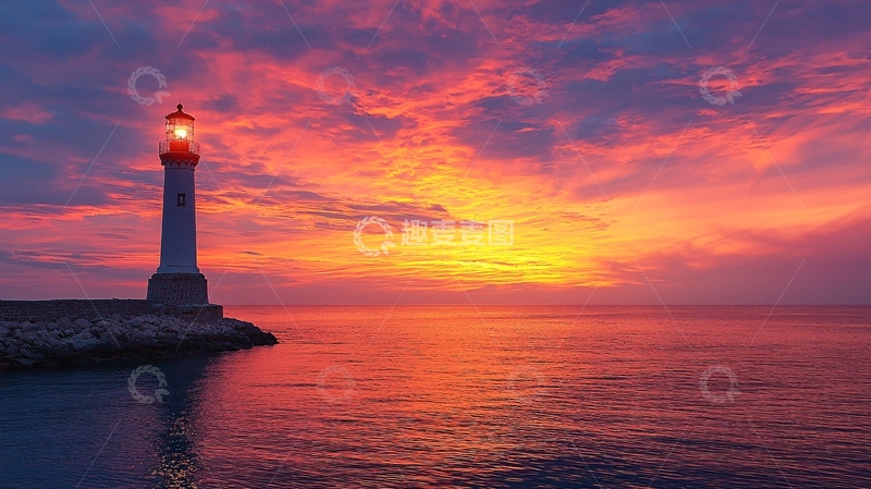 高清大图下载【趣麦麦图】灯塔在日落时分照亮大海