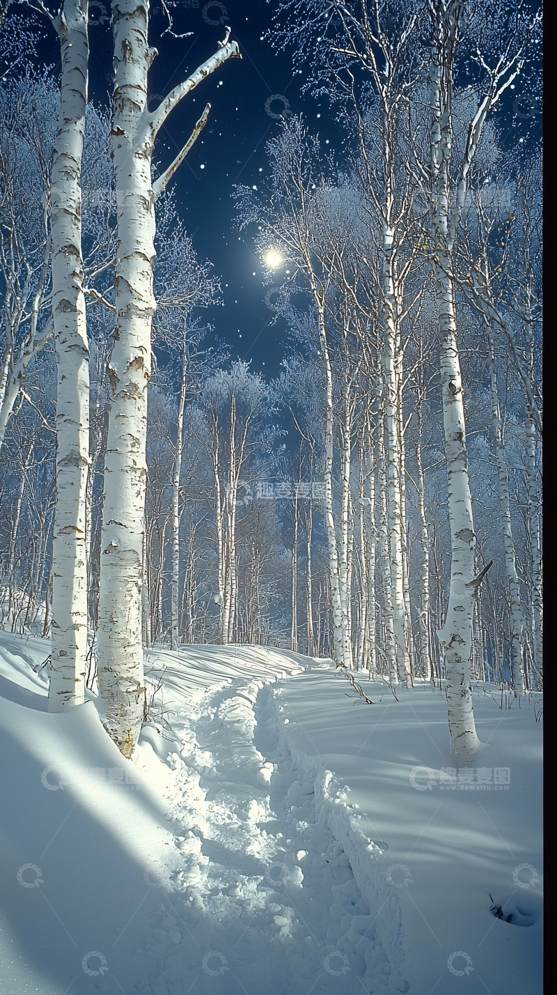 高清大图下载【趣麦麦图】雪地白桦林夜景