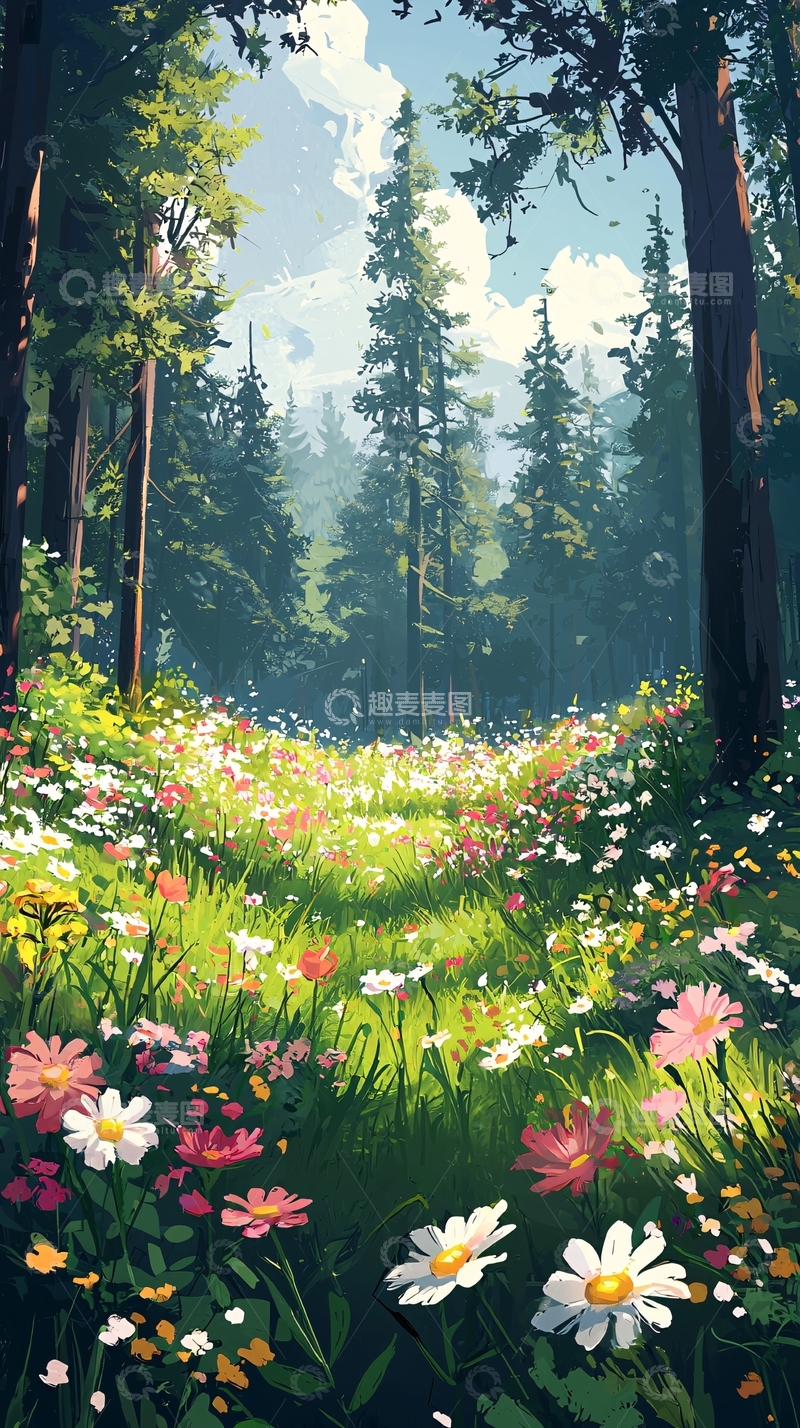 高清大图下载【趣麦麦图】鲜花盛开的森林小径