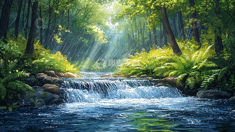 高清大图下载【趣麦麦图】森林中的阳光小溪
