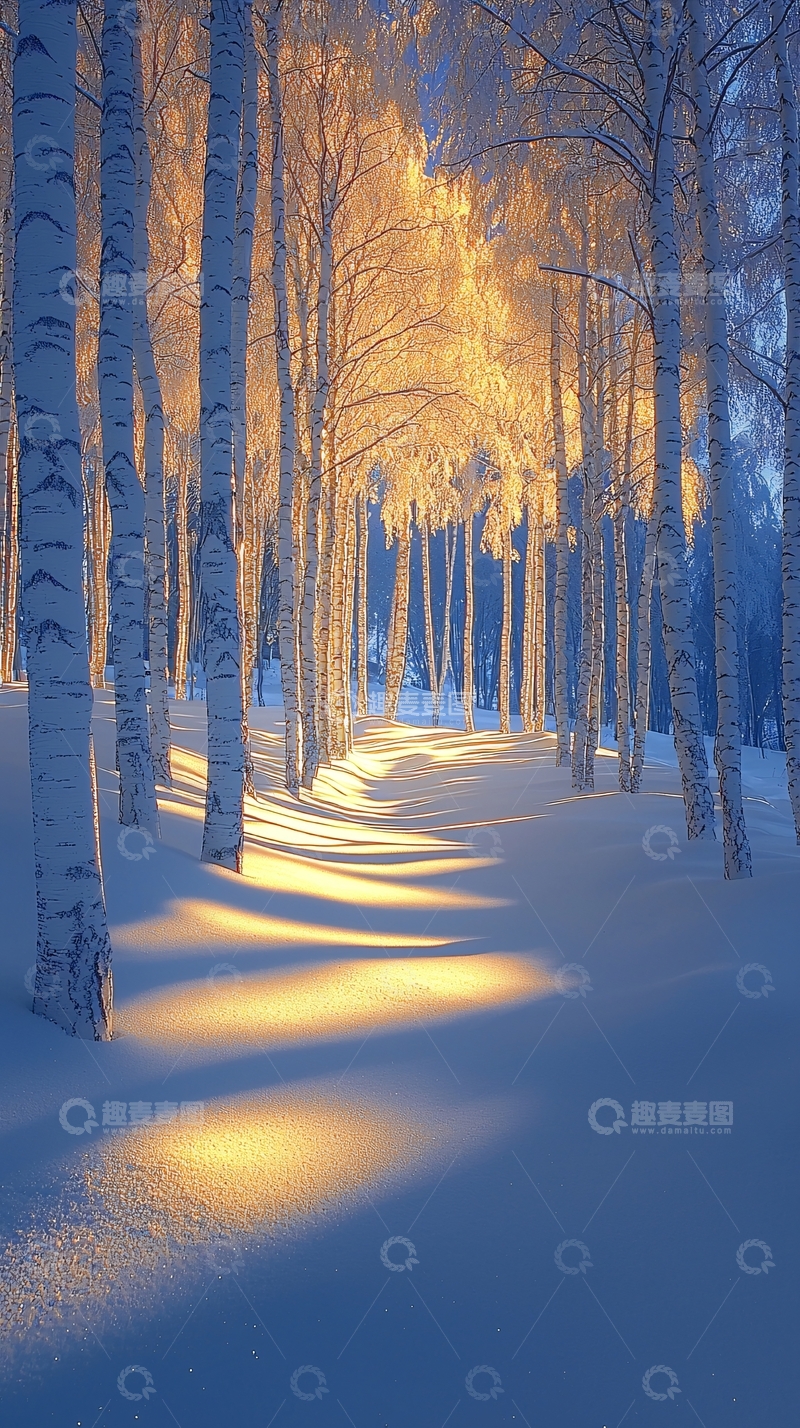 高清大图下载【趣麦麦图】雪后阳光白桦林