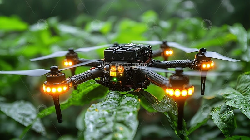 高清大图下载【趣麦麦图】-雨林中黑色六旋翼无人机