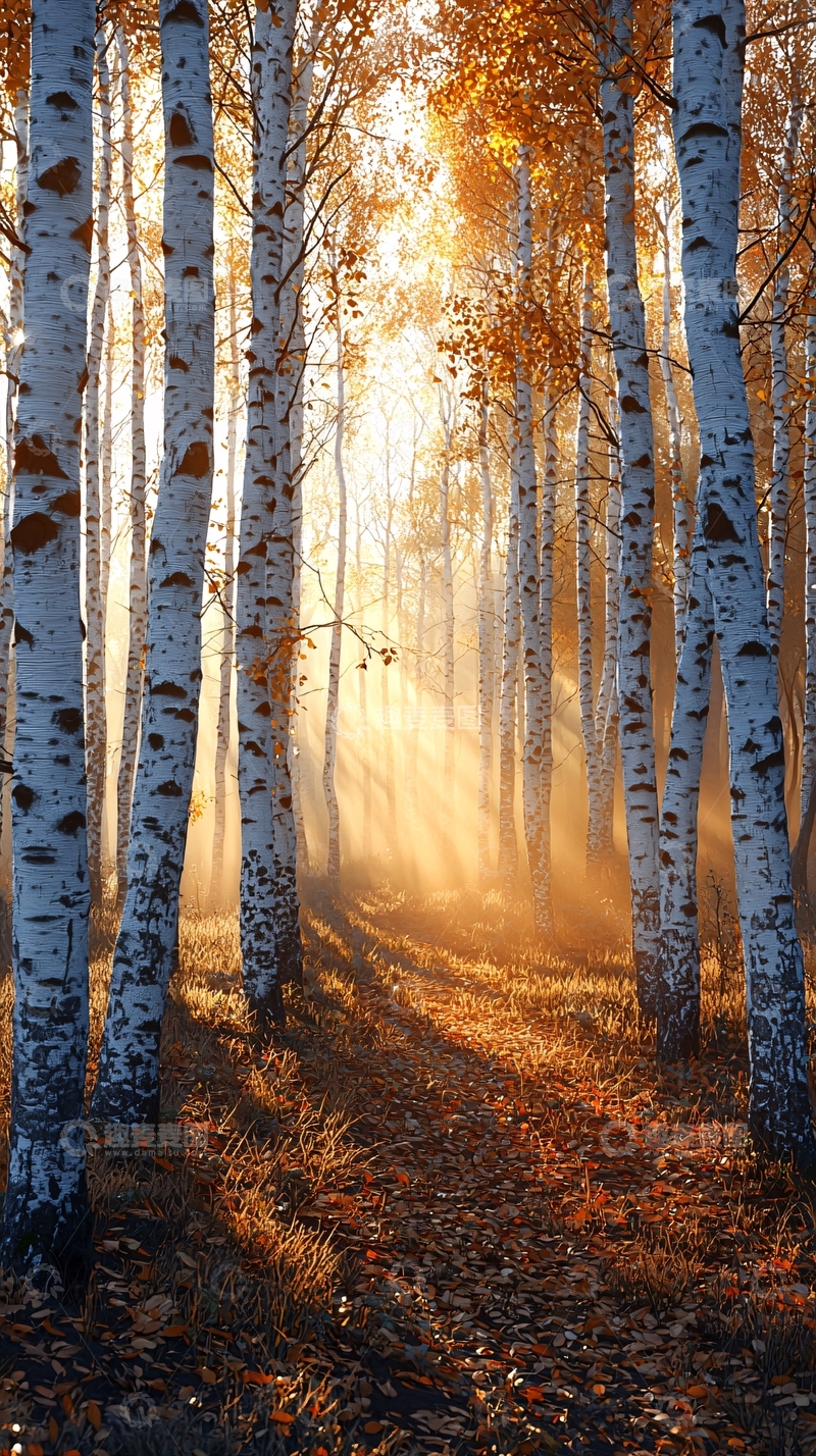 高清大图下载【趣麦麦图】金色阳光穿过白桦林