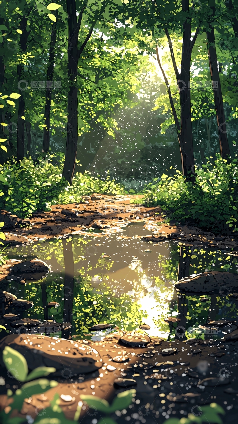 高清大图下载【趣麦麦图】森林小径水面倒影