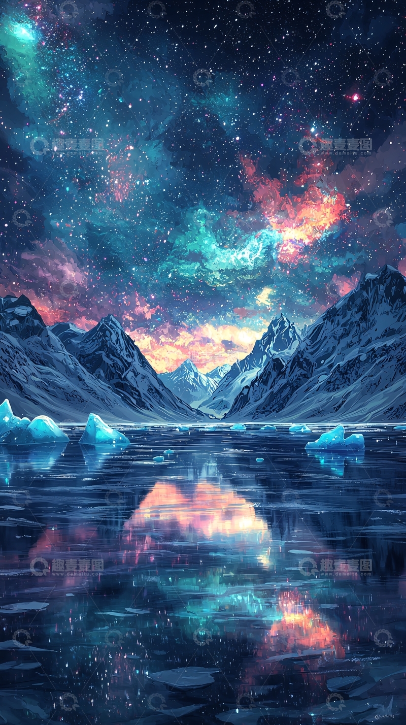 高清大图下载【趣麦麦图】极光雪山倒影星空
