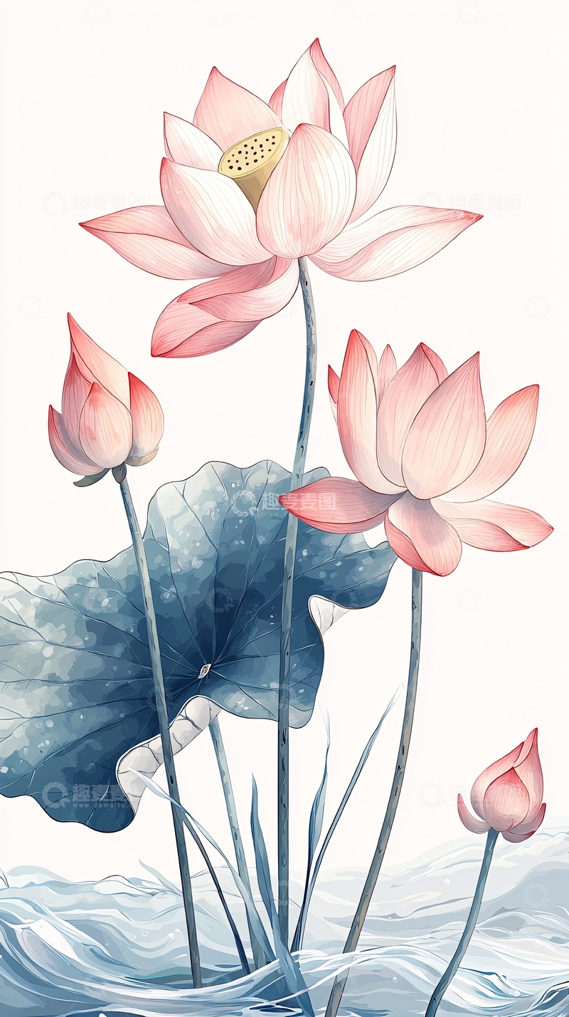 高清大图下载【趣麦麦图】粉色莲花水墨风