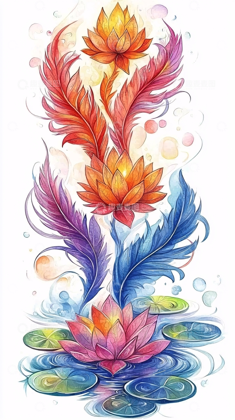 高清大图下载【趣麦麦图】彩色莲花羽毛水彩画