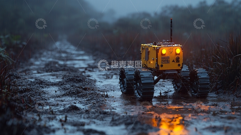 高清大图下载【趣麦麦图】泥泞道路上的黄色履带机器人