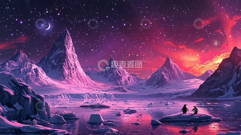 高清大图下载【趣麦麦图】极光下的雪山与企鹅