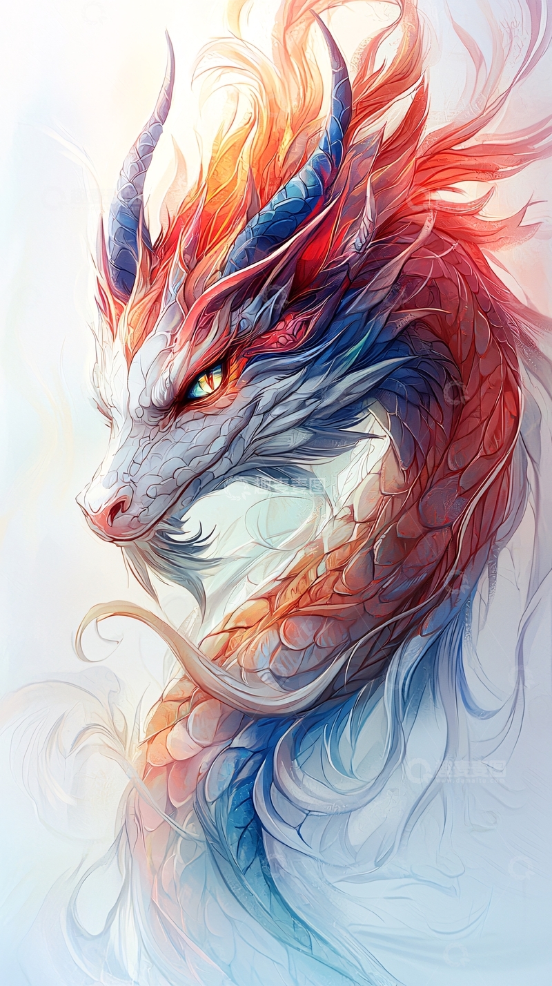 高清大图下载【趣麦麦图】水彩风格的彩色龙