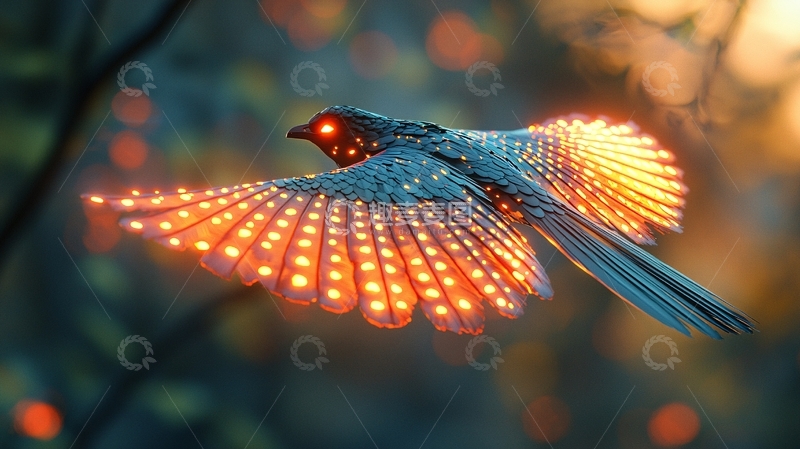 高清大图下载【趣麦麦图】发光翅膀的机械鸟