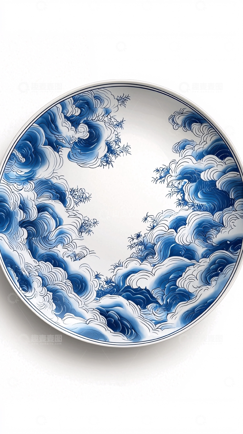 高清大图下载【趣麦麦图】青花瓷盘云纹图案