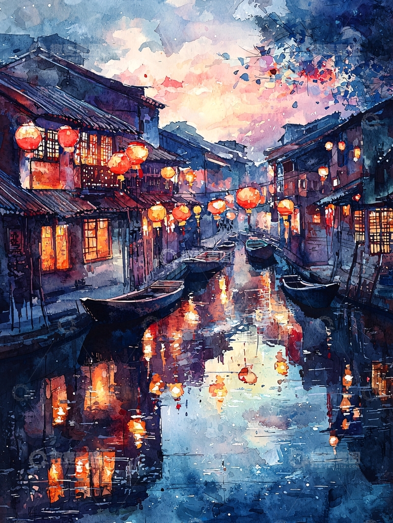 高清大图下载【趣麦麦图】水彩古镇夜景灯笼倒影