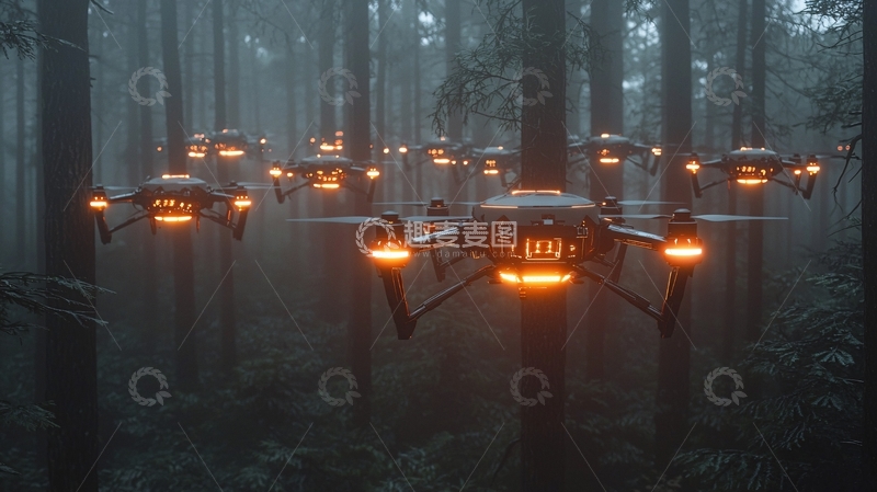 高清大图下载【趣麦麦图】雾气森林无人机群