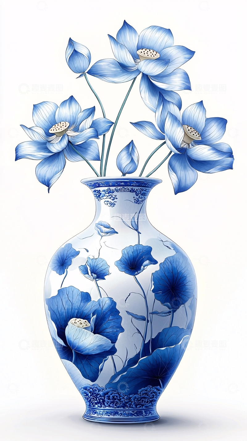 高清大图下载【趣麦麦图】青花瓷花瓶插蓝色莲花