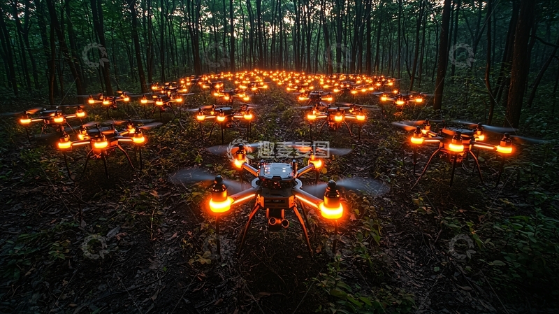 高清大图下载【趣麦麦图】森林中大量无人机灯火