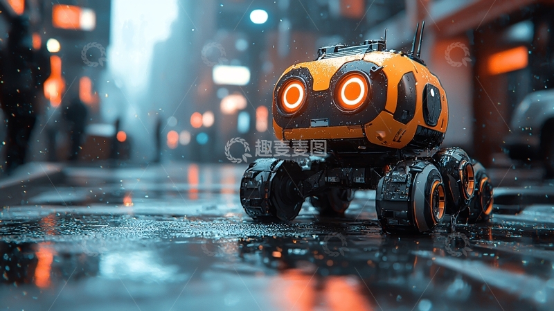 高清大图下载【趣麦麦图】雨夜城市里的橙色小机器人