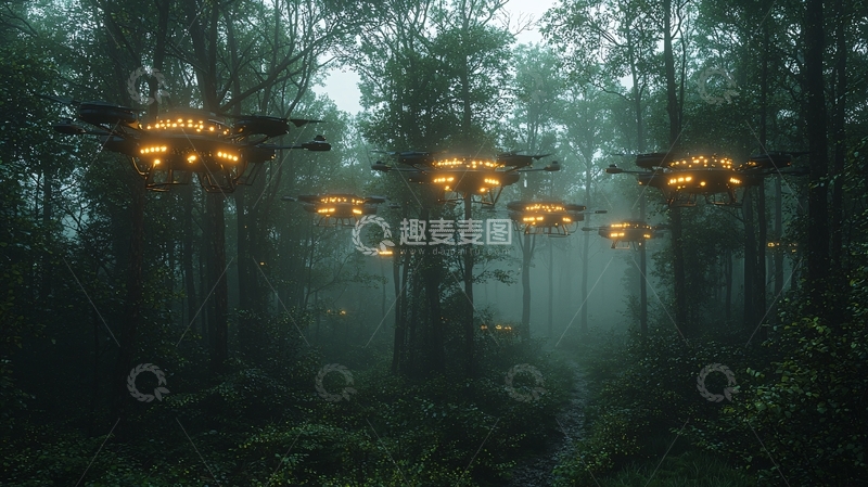 高清大图下载【趣麦麦图】雾气森林飞船