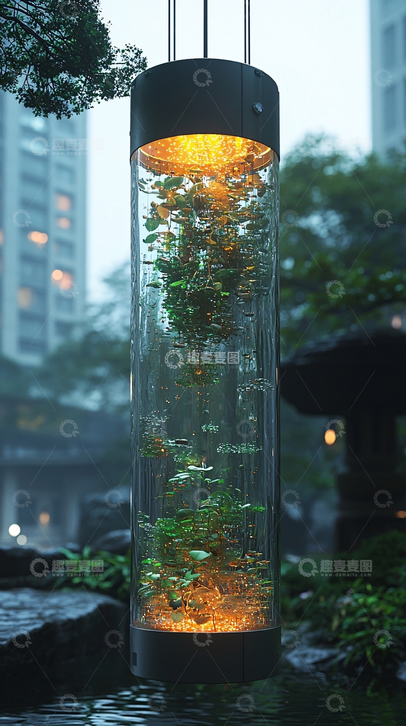 高清大图下载【趣麦麦图】雨中悬挂的透明植物容器