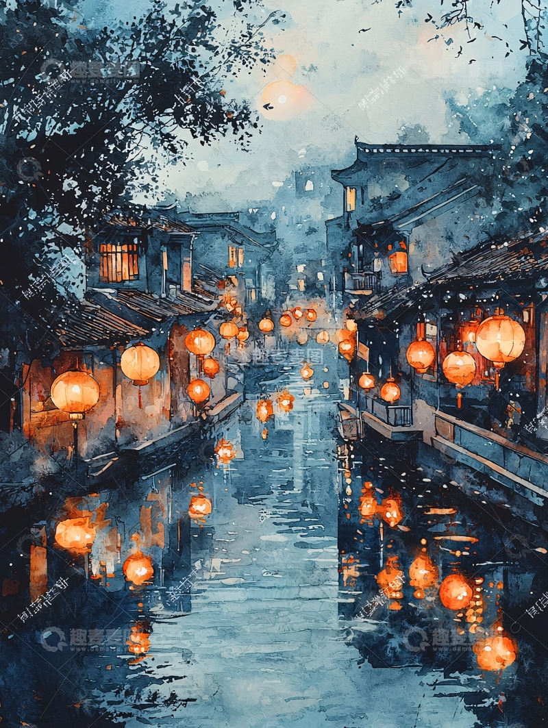 高清大图下载【趣麦麦图】水墨风江南小镇灯笼夜景