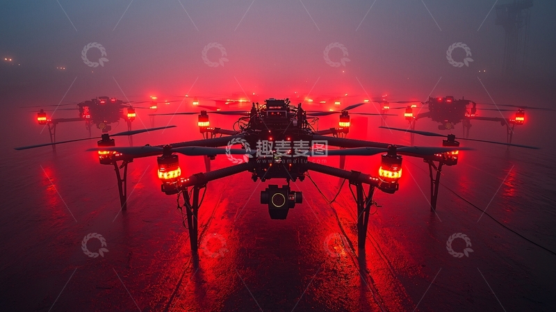 高清大图下载【趣麦麦图】雾中红色灯光下的无人机群