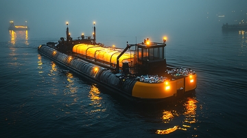 雾中航行的黄色驳船