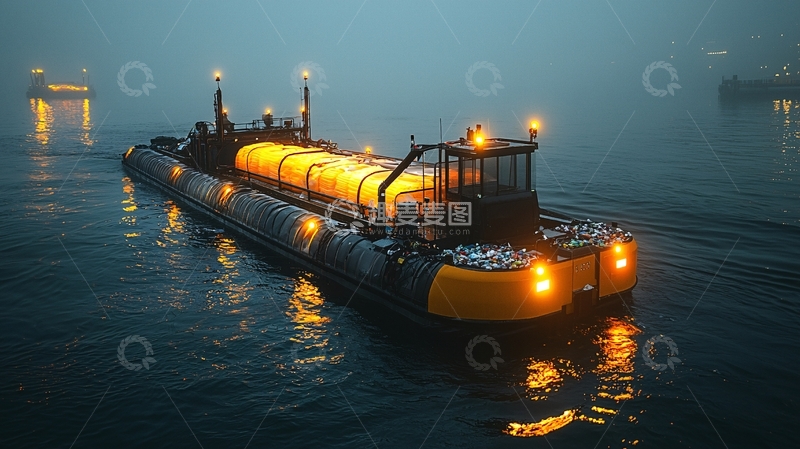 高清大图下载【趣麦麦图】雾中航行的黄色驳船