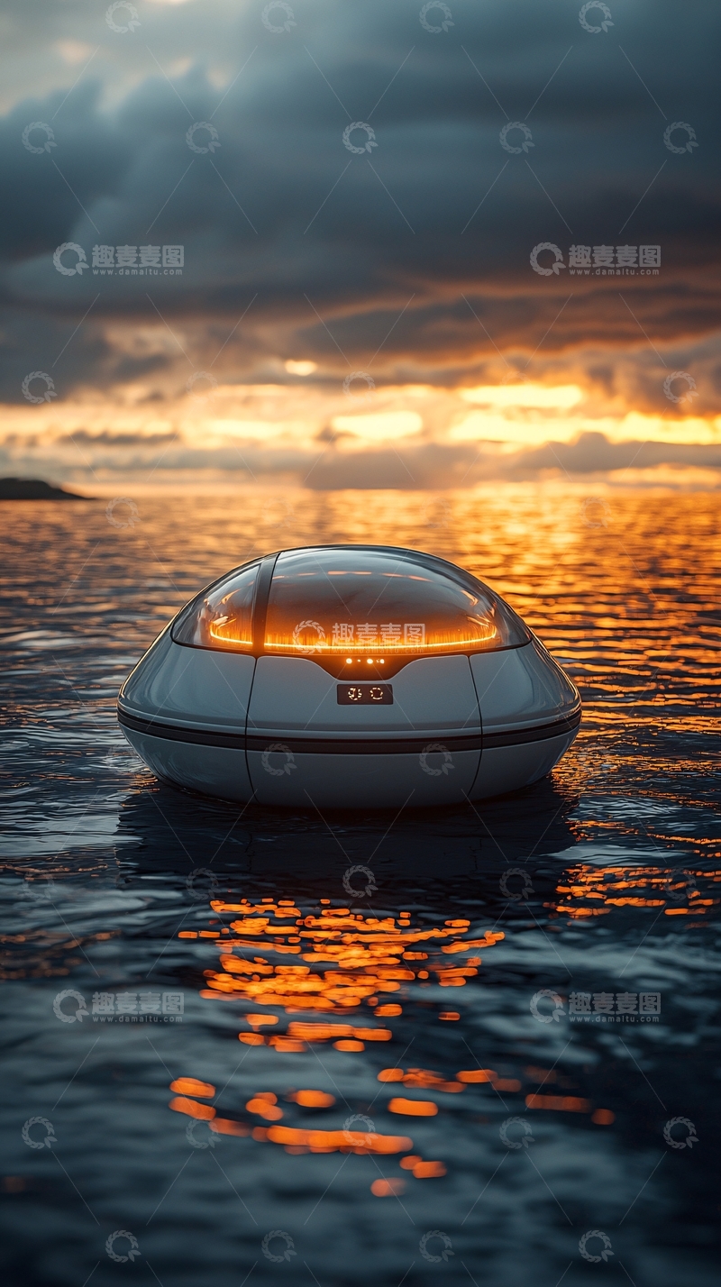 高清大图下载【趣麦麦图】日落海景未来感水上交通工具