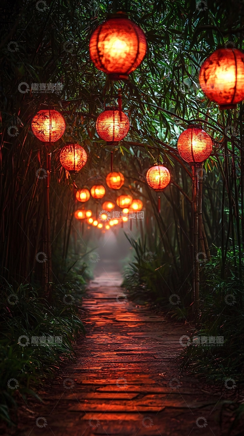 高清大图下载【趣麦麦图】竹林小路灯笼