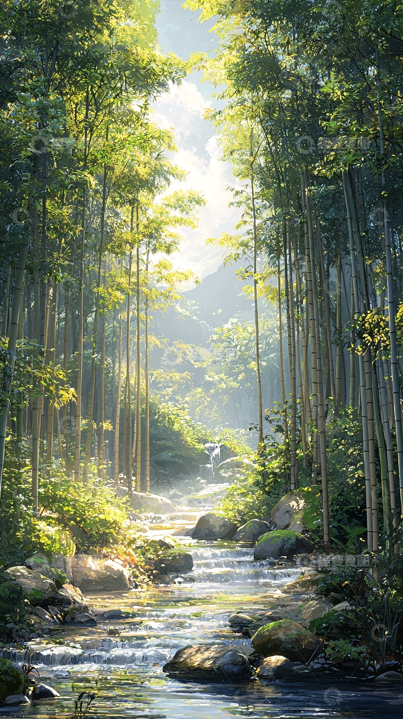 高清大图下载【趣麦麦图】阳光透过竹林小溪