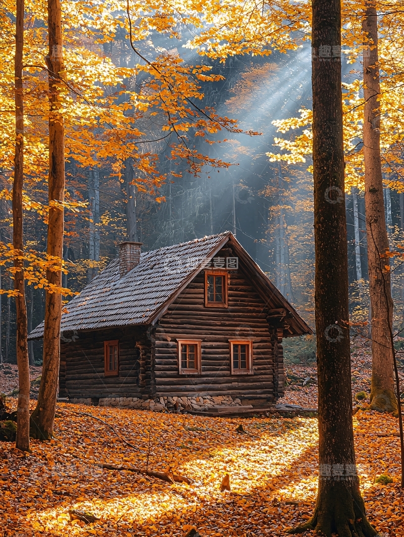 高清大图下载【趣麦麦图】秋日森林木屋