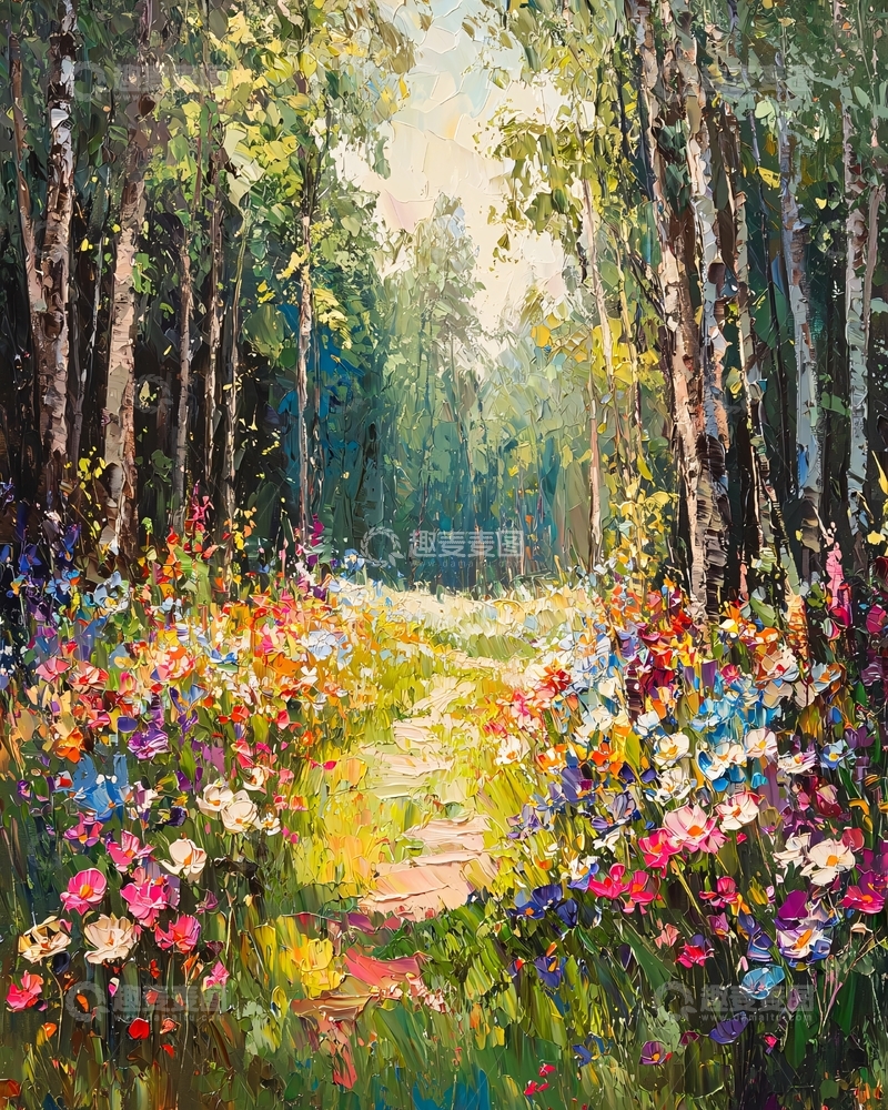 高清大图下载【趣麦麦图】森林小路鲜花盛开