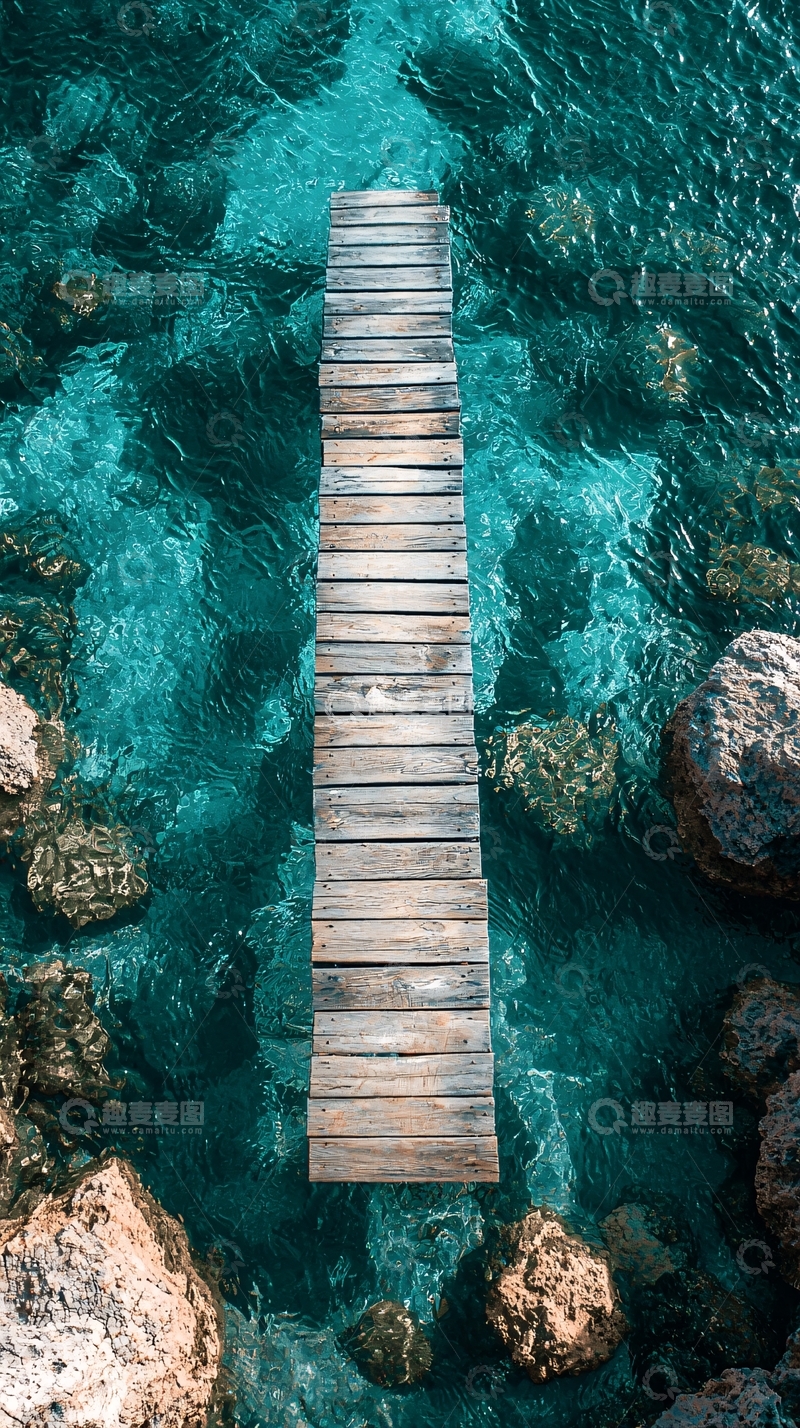 高清大图下载【趣麦麦图】碧海蓝天木栈道
