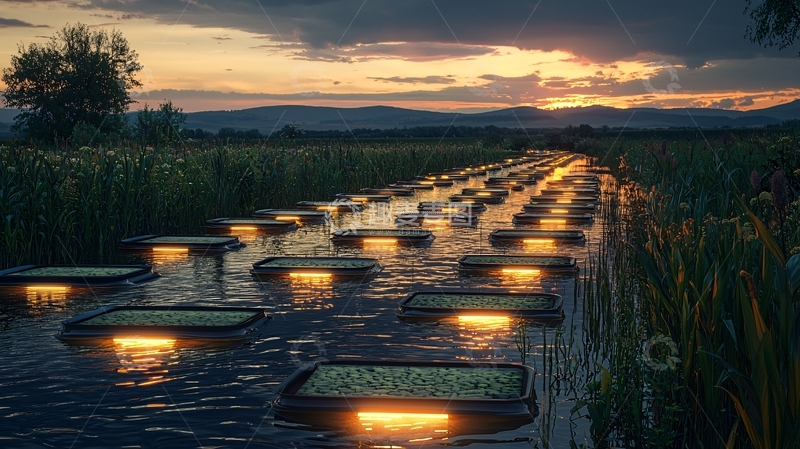 高清大图下载【趣麦麦图】黄昏水路灯光长廊