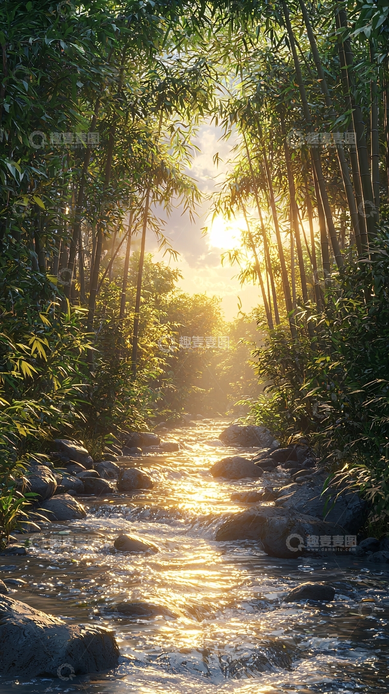 高清大图下载【趣麦麦图】阳光穿过竹林的小溪