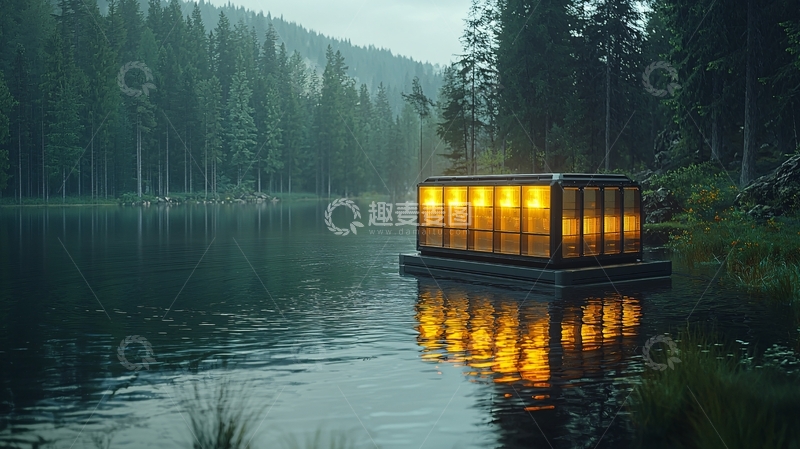 高清大图下载【趣麦麦图】湖边玻璃屋