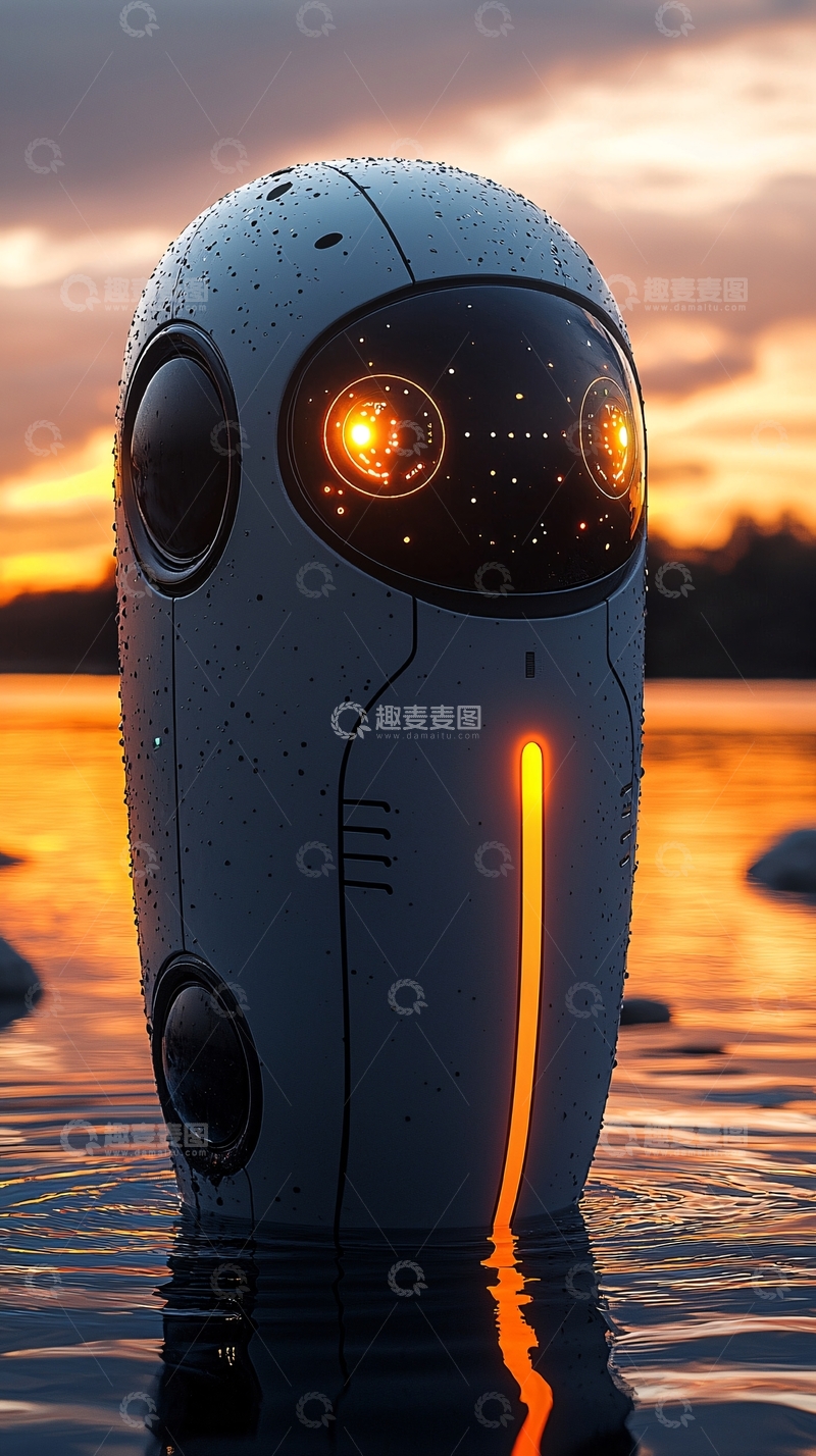高清大图下载【趣麦麦图】夕阳下湖边的小型机器人