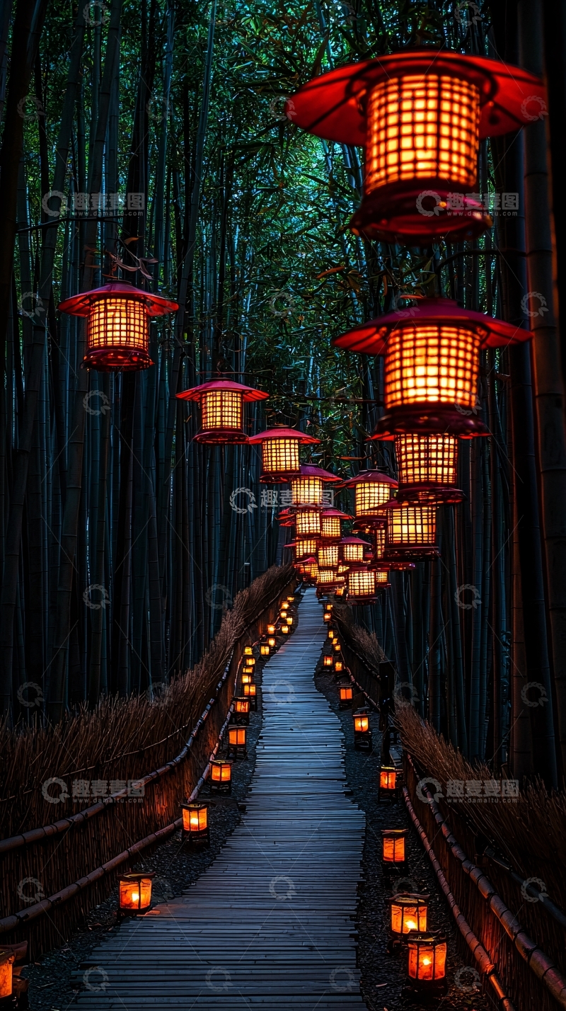 高清大图下载【趣麦麦图】竹林小路灯笼