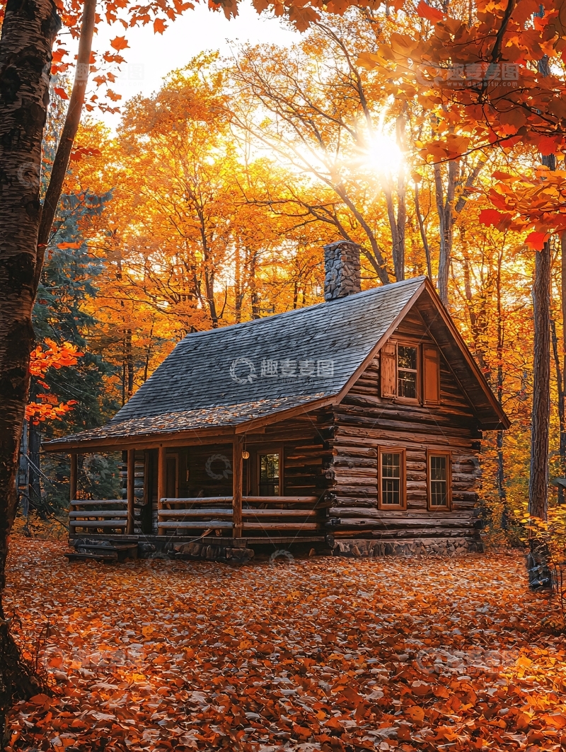 高清大图下载【趣麦麦图】秋日森林木屋