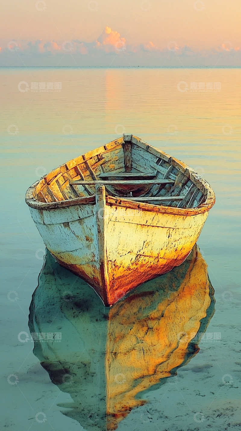高清大图下载【趣麦麦图】平静水面上的老旧小船