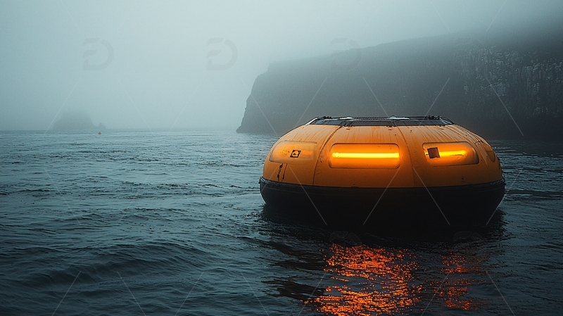 高清大图下载【趣麦麦图】雾中橙色圆形海上无人艇