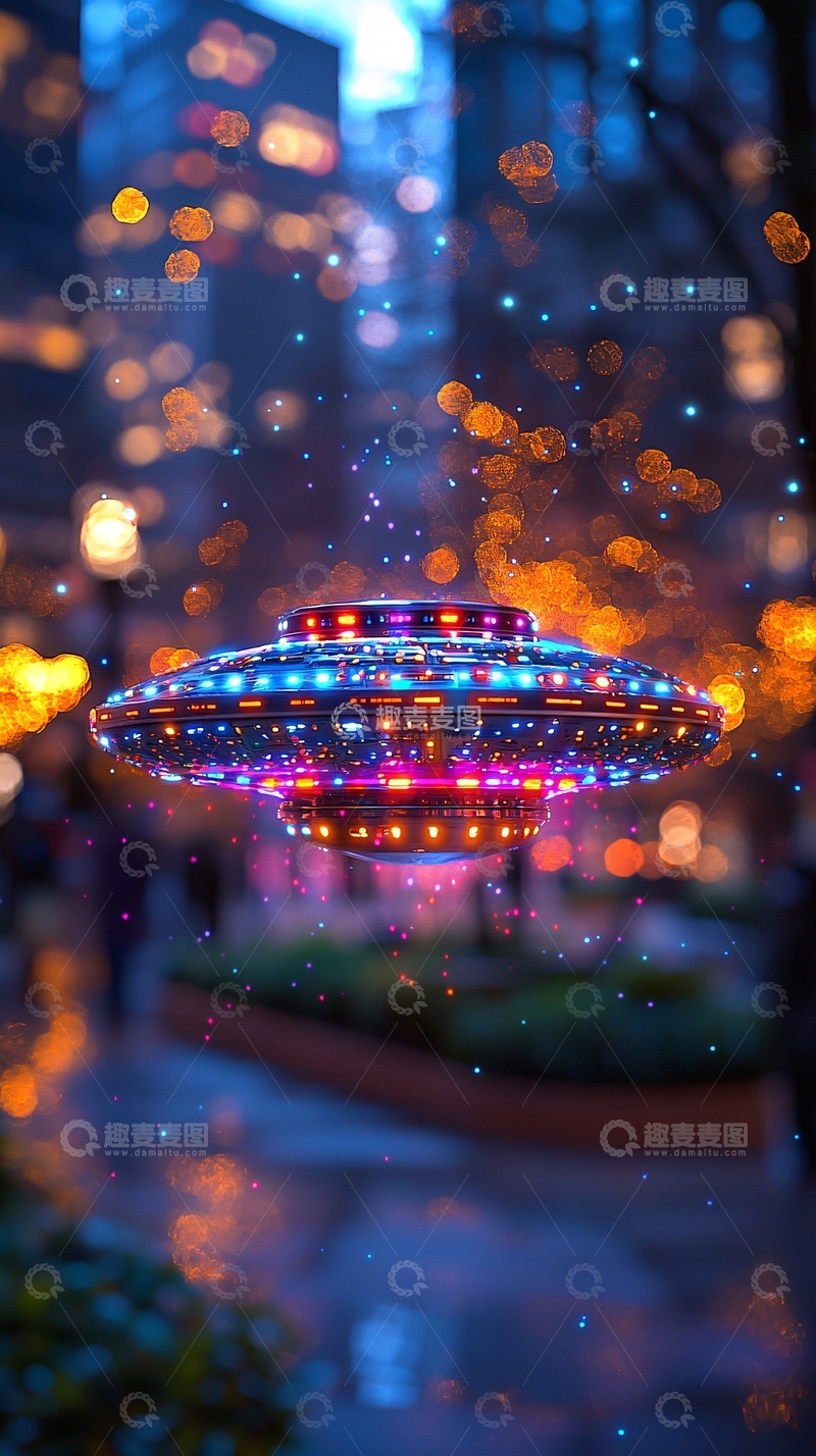 高清大图下载【趣麦麦图】飞碟悬浮于城市夜景