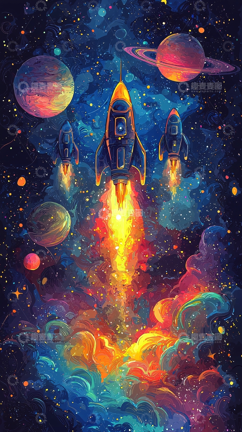 高清大图下载【趣麦麦图】火箭穿梭于行星间的绚丽场景
