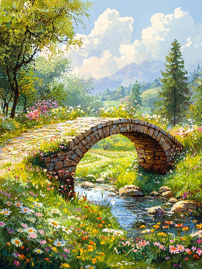 石头桥在鲜花盛开的草地上